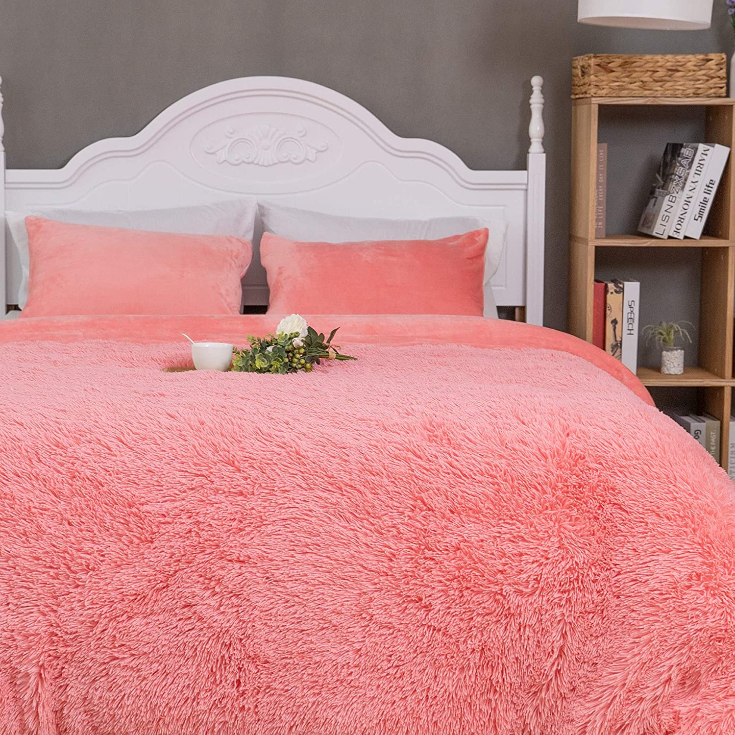 Choshome Shaggy Fluffy King Faux Fur Duvet Cover Set Pink Cozy Luxury Plush Qui Ebay