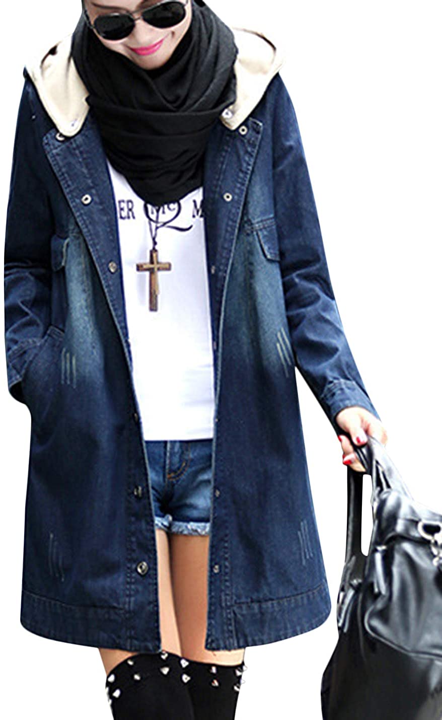 Tanming Womens Casual Hooded Buttons Up Epaulet Denim Jean Jacket Coats