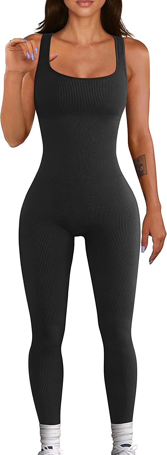 OQQ Women's Yoga Ribbed One Piece Tank Tops Rompers Sleeveless Exercise  Jumpsuit