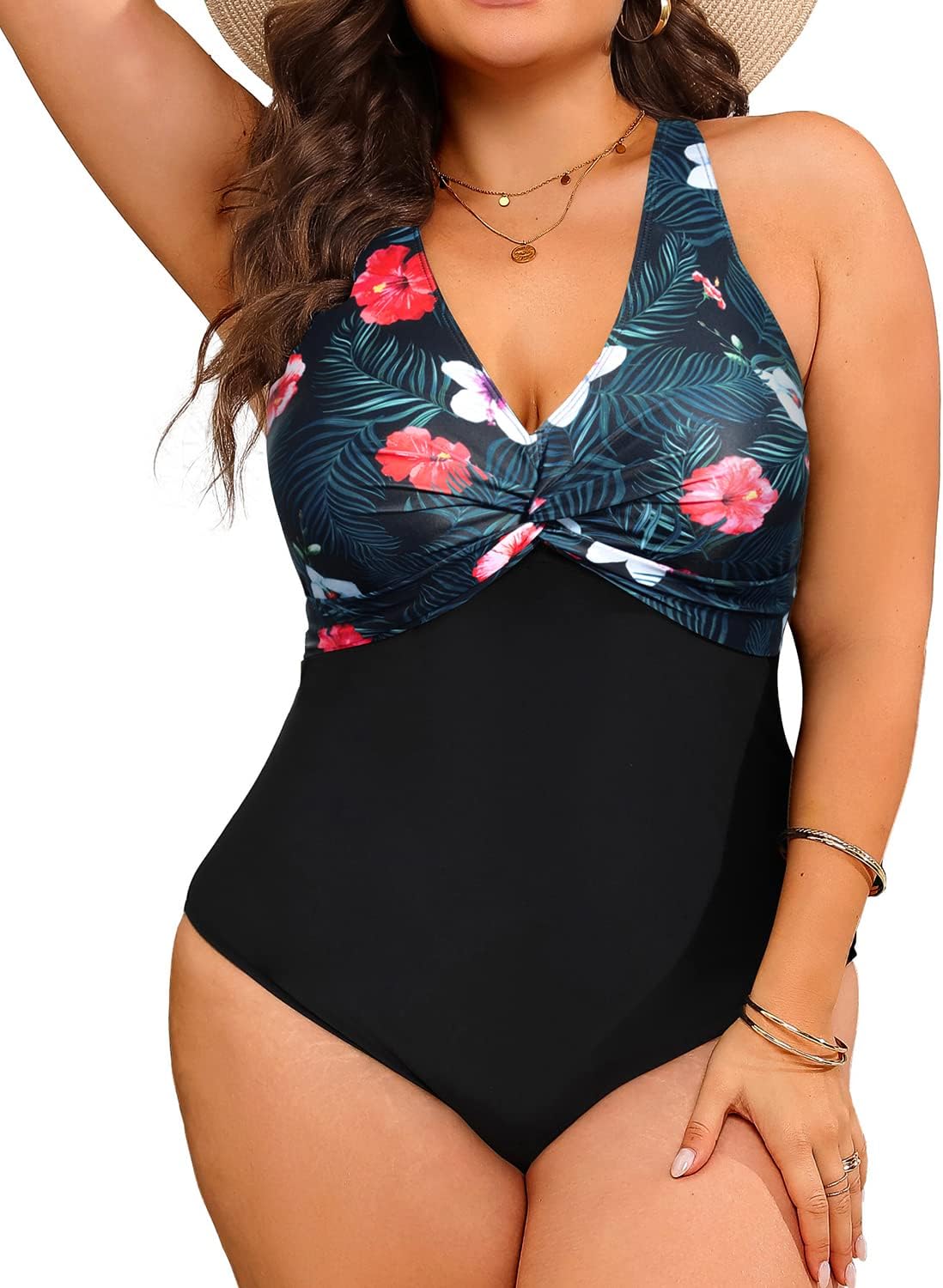 Black Vintage One Piece Swimsuit Women Plus Size Swimwear Splicing