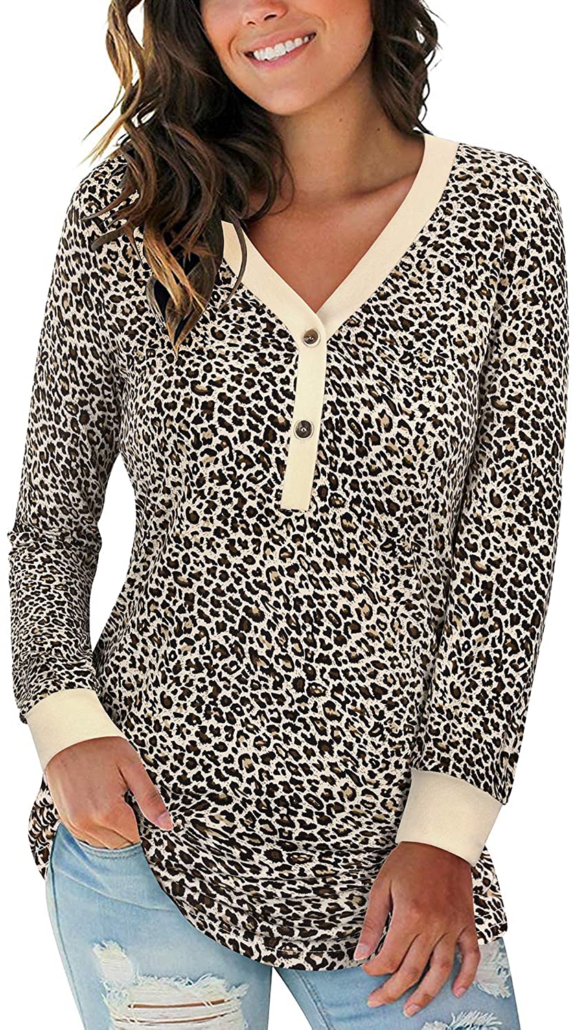 VENCANN Womens Casual Deep V Neck Leopard Print Long Sleeve Top