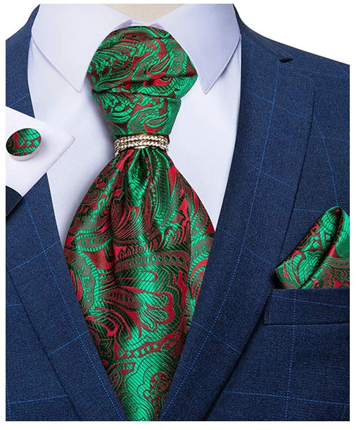 DiBanGu 3PCS Ascot Ties for Men Wedding Jacquard Woven 100% Silk Ascot  Cravat for Men Cravat Tie and Pocket Square Set