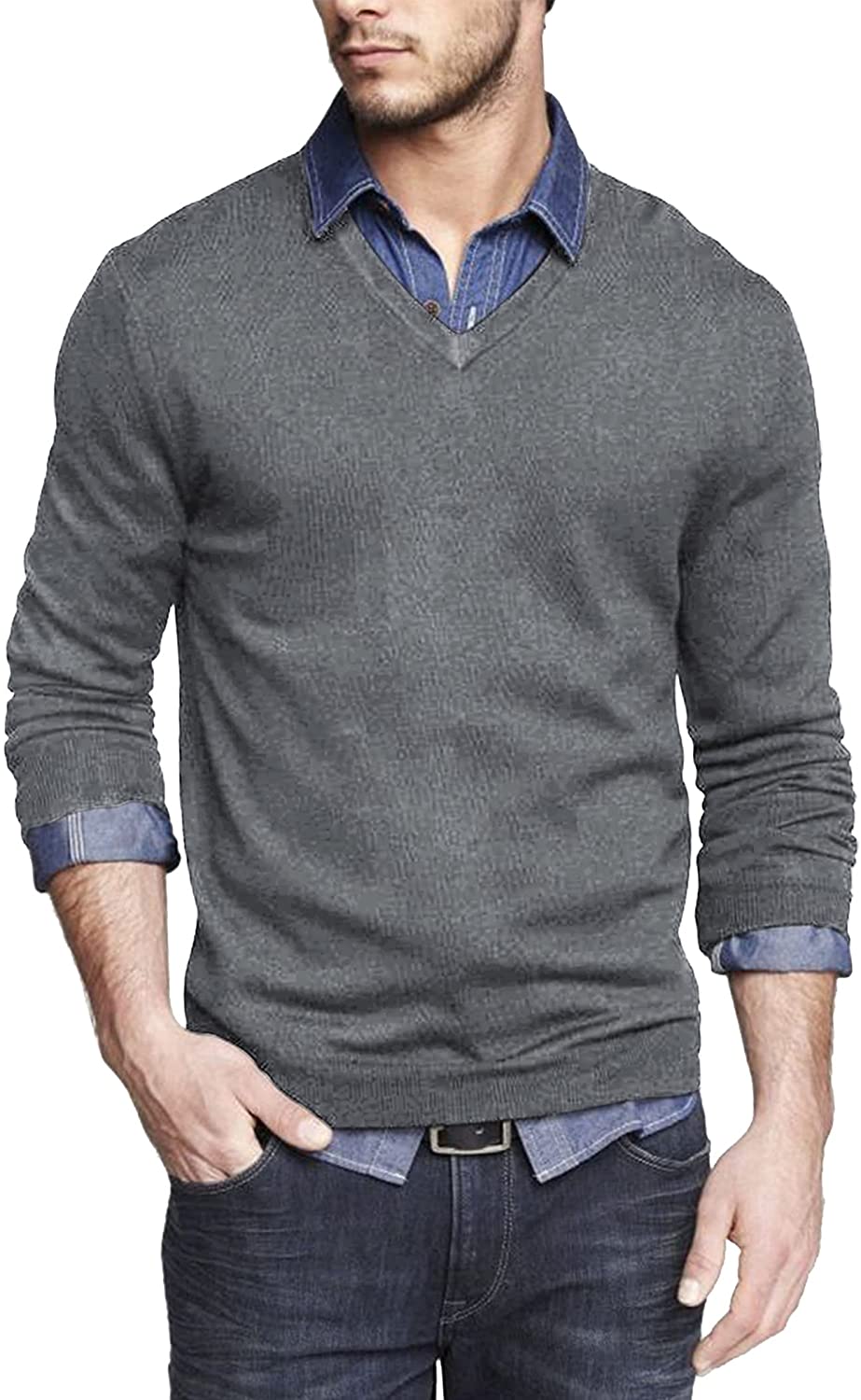 COOFANDY Men Casual V Neck Sweater Ribbed Knit Slim Fit Long Sleeve Pullover Top Grey