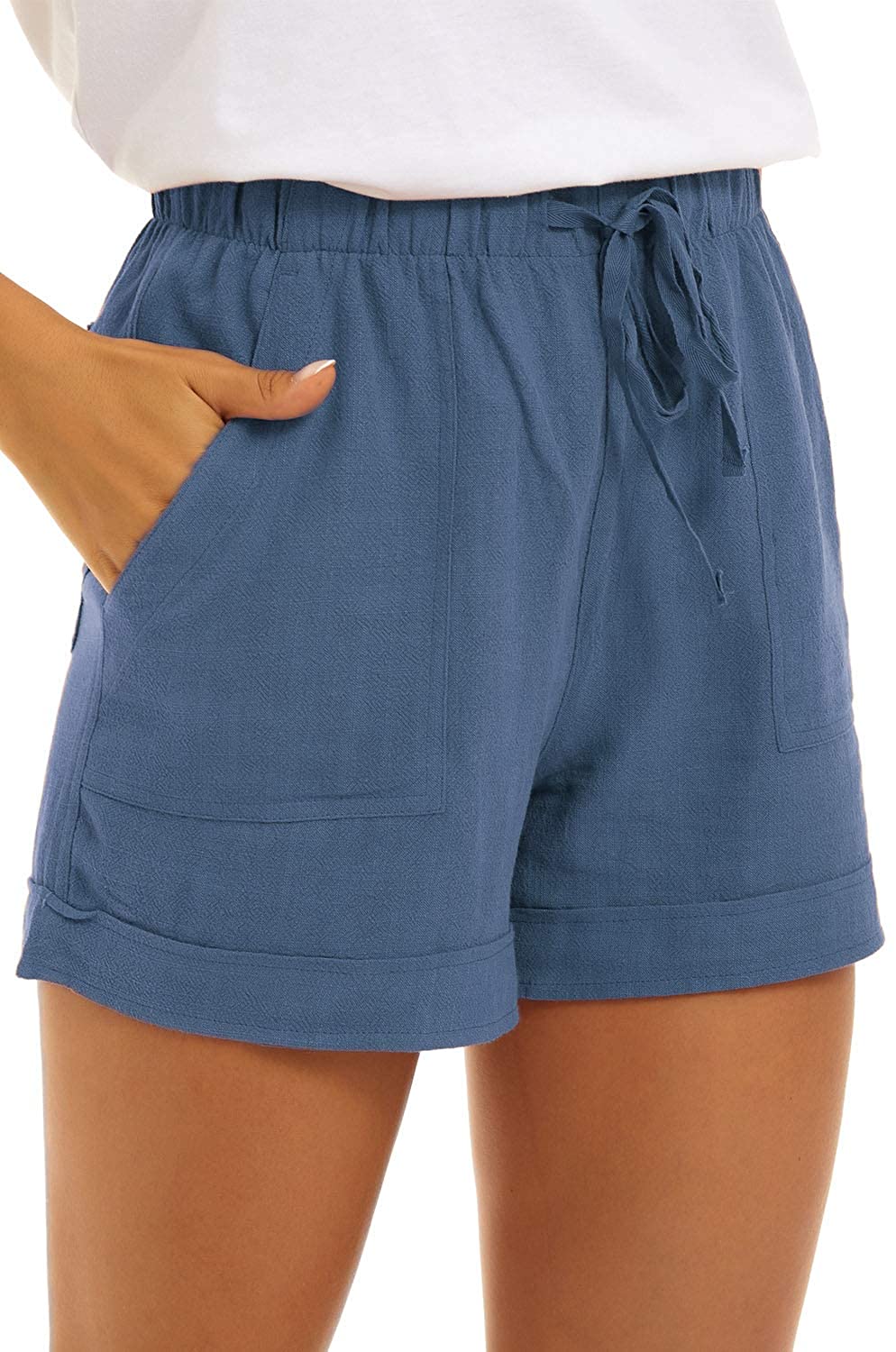 NEYOUQE Womens Cotton Linen Casual Summer Elastic Waist Comfy Shorts with Pocket 