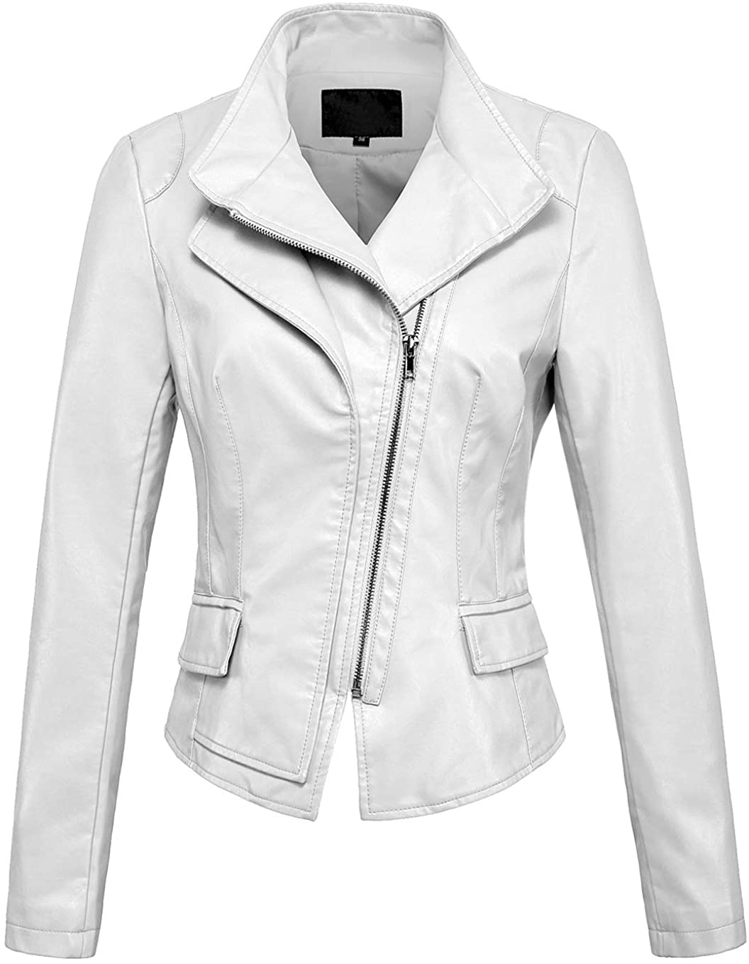 chouyatou Women's Stylish Oblique Zip Slim Faux Leather Biker Outerwear Jacket