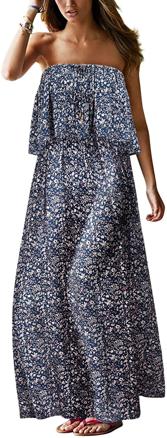 UIMLK Women's Summer Strapless Maxi Dress Long Beach Boho Floral Printed  Vacatio | eBay