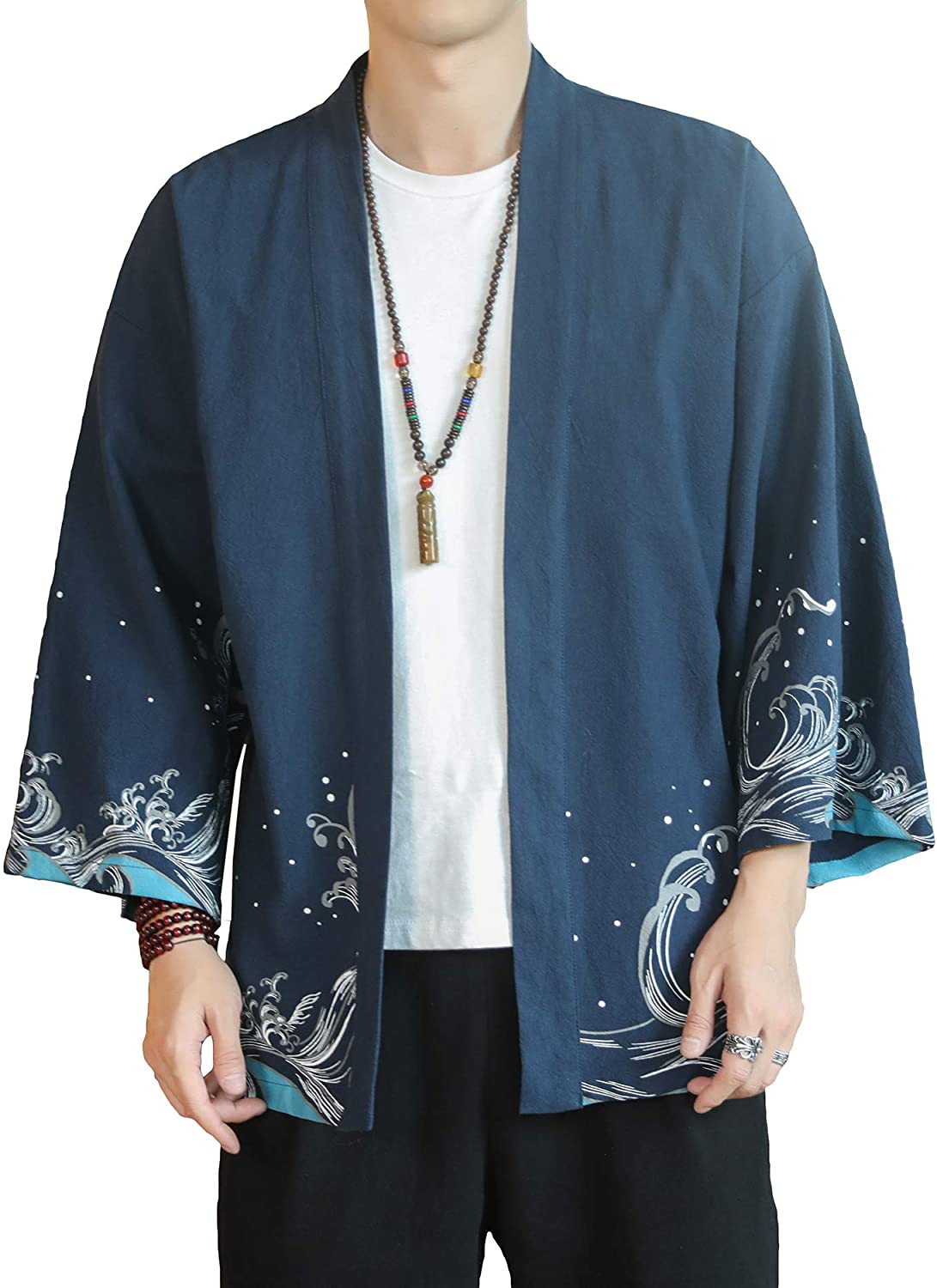 PRIJOUHE Mens Japanese Kimono Coat Suits Loose Open Front Seven Sleeve Kimono Cardigan Jacket with Shorts 