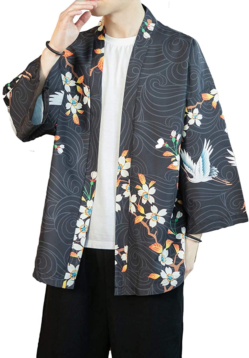 PRIJOUHE Men's Kimono Cardigan Jacket Japanese Style Flying Crane