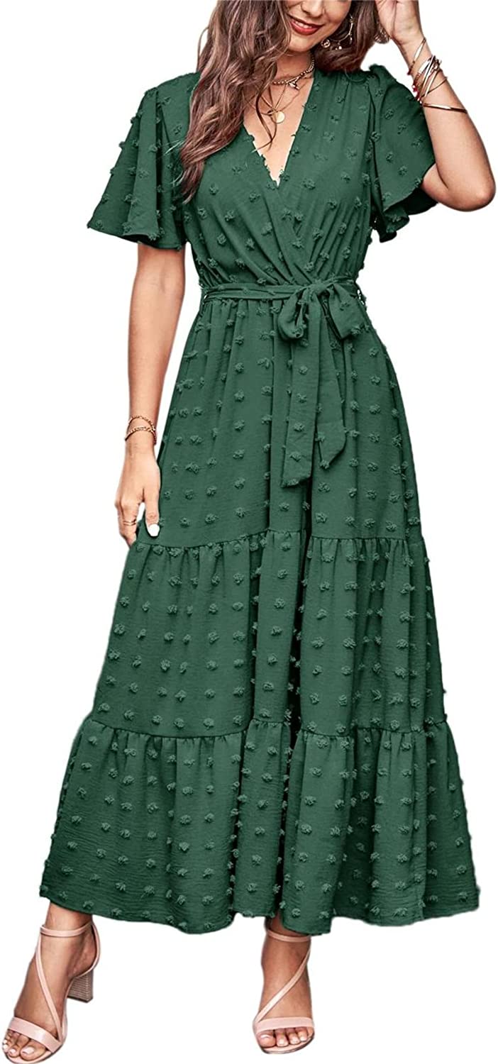  MASCOMODA Womens Summer Boho Maxi Dress Floral Wrap V Neck  Flutter Short Sleeve Tie Waist A Line Tiered Flowy Long Dresses(Blue and  Pink,Small) : Clothing, Shoes & Jewelry