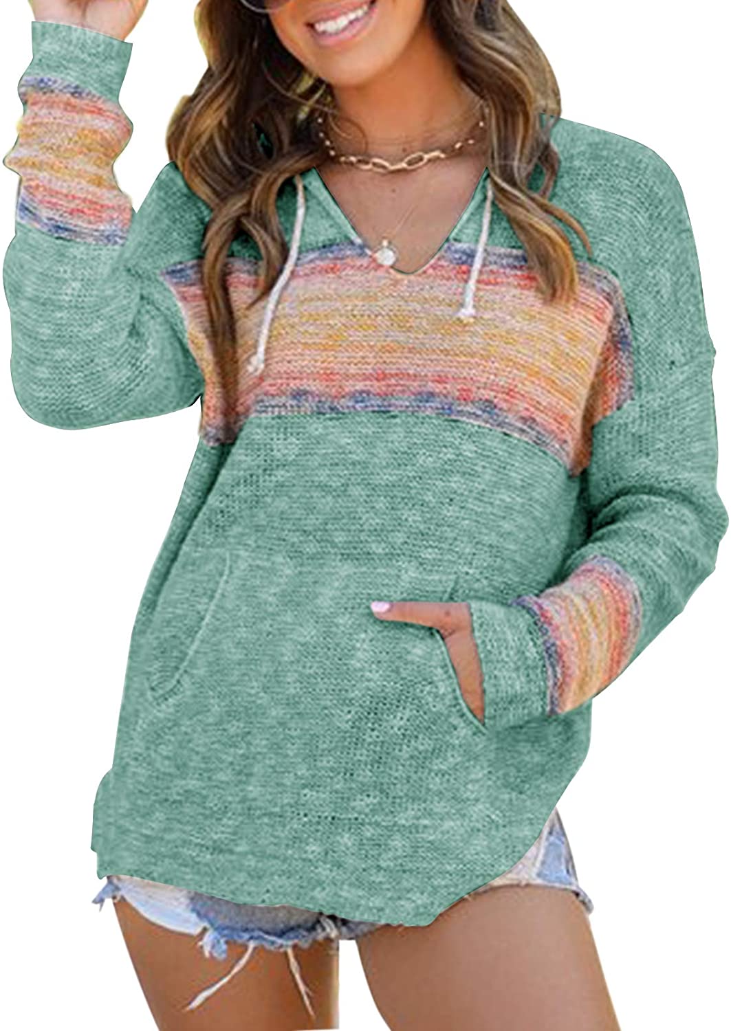 Yacooh Womens Baja Lightweight Beach Hoodie Boho Mexican Striped Sweaters Drawstring Hooded Sweatshirts with Pocket