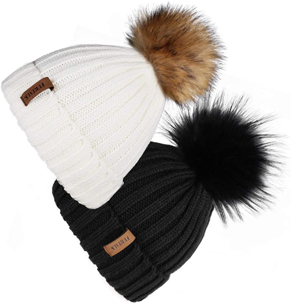 FURTALK Womens Winter Knitted Beanie Hat with Faux Fur Pom 2 Packs Warm Knit Skull Cap Beanie for Women