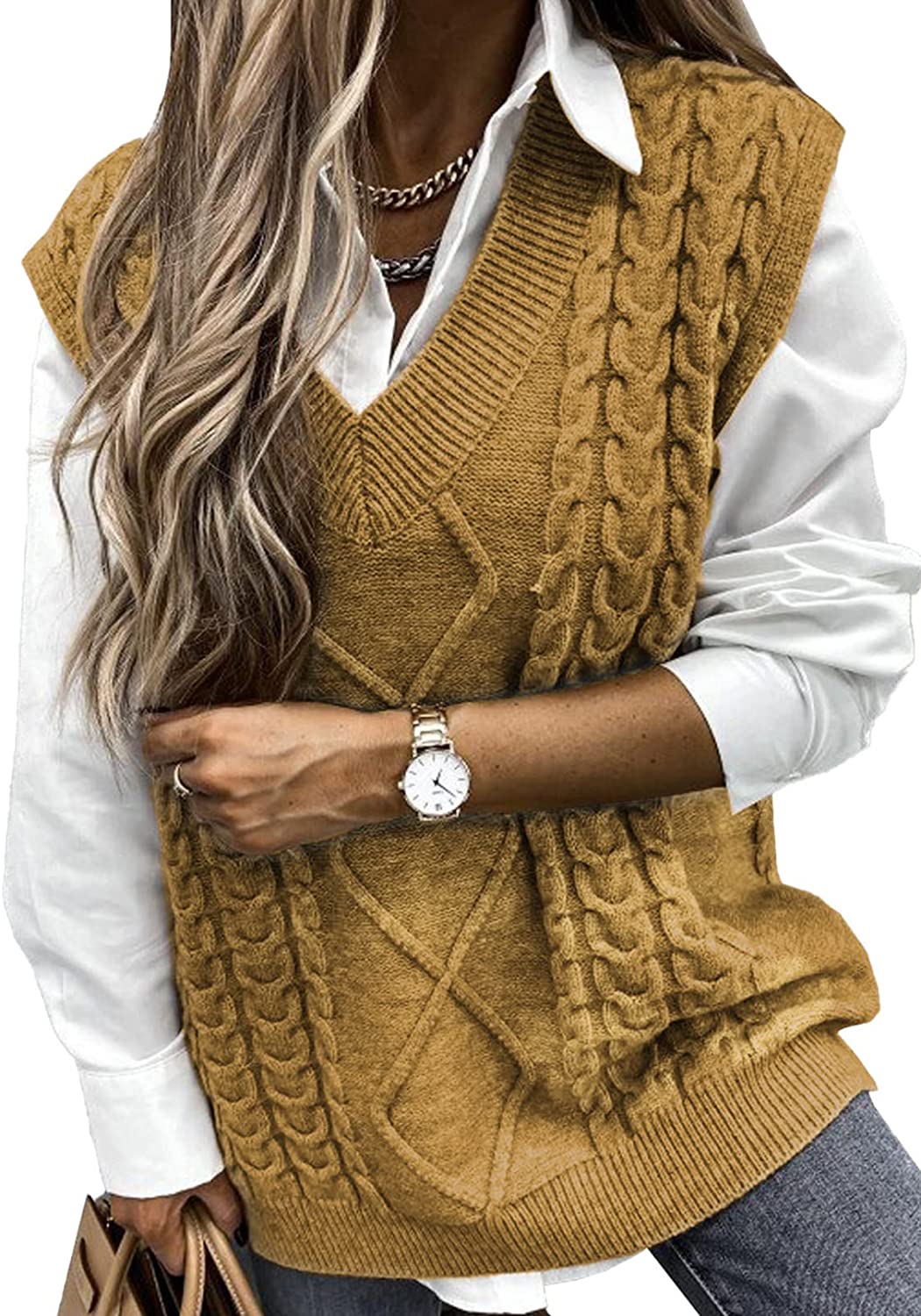 HOTAPEI Sweater Vest Women Oversized V Neck Sleeveless Sweaters Womens  Cable Kni