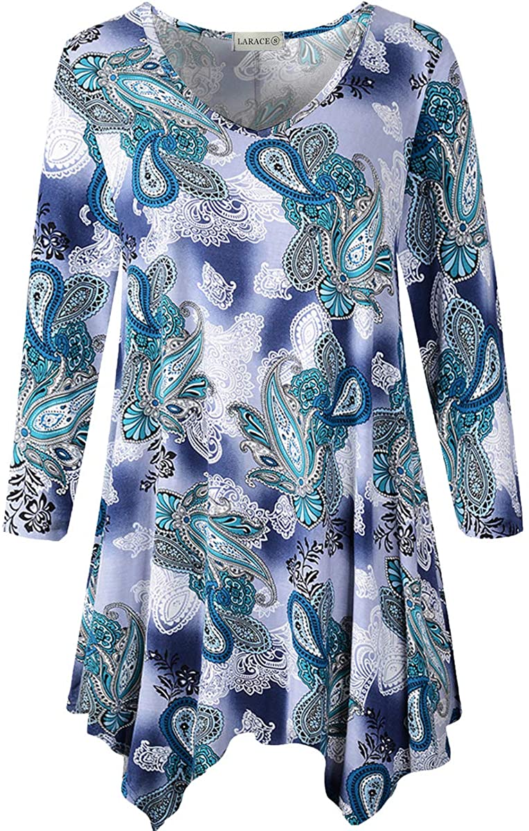 LARACE Plus Size Tops for Women Tunic Asymmetrical Dress Shirts 3/4 Sleeve  V Neck Flowy Ladies Clothes for Leggings Flower42_halloween 2X