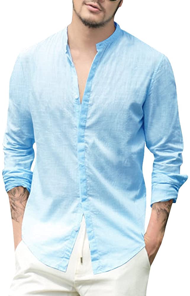 HANA+DORA Mens Cotton Linen Beach Shirts Long Sleeve Summer Button Up Lightweight Tops