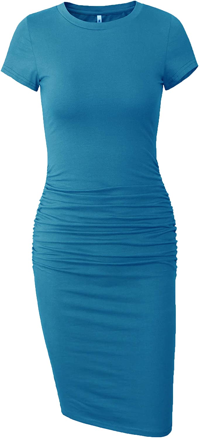 Missufe Women's Short Sleeve Ruched Casual Sundress Midi Bodycon T Shirt  Dress | eBay