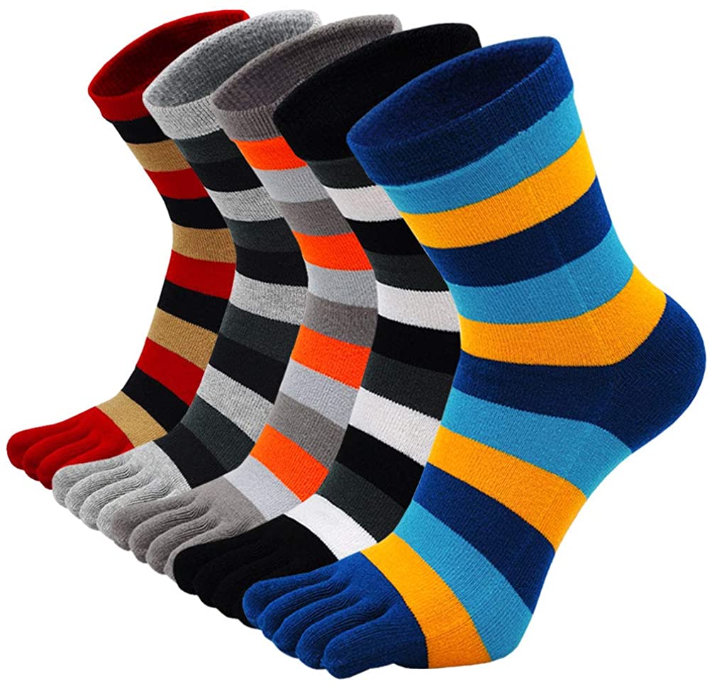 Hellomamma Toe Socks Mens Five Finger Striped Sock Running Athletic Cotton  Ankle Sox 5 Pairs Multicoloured 14 7-10