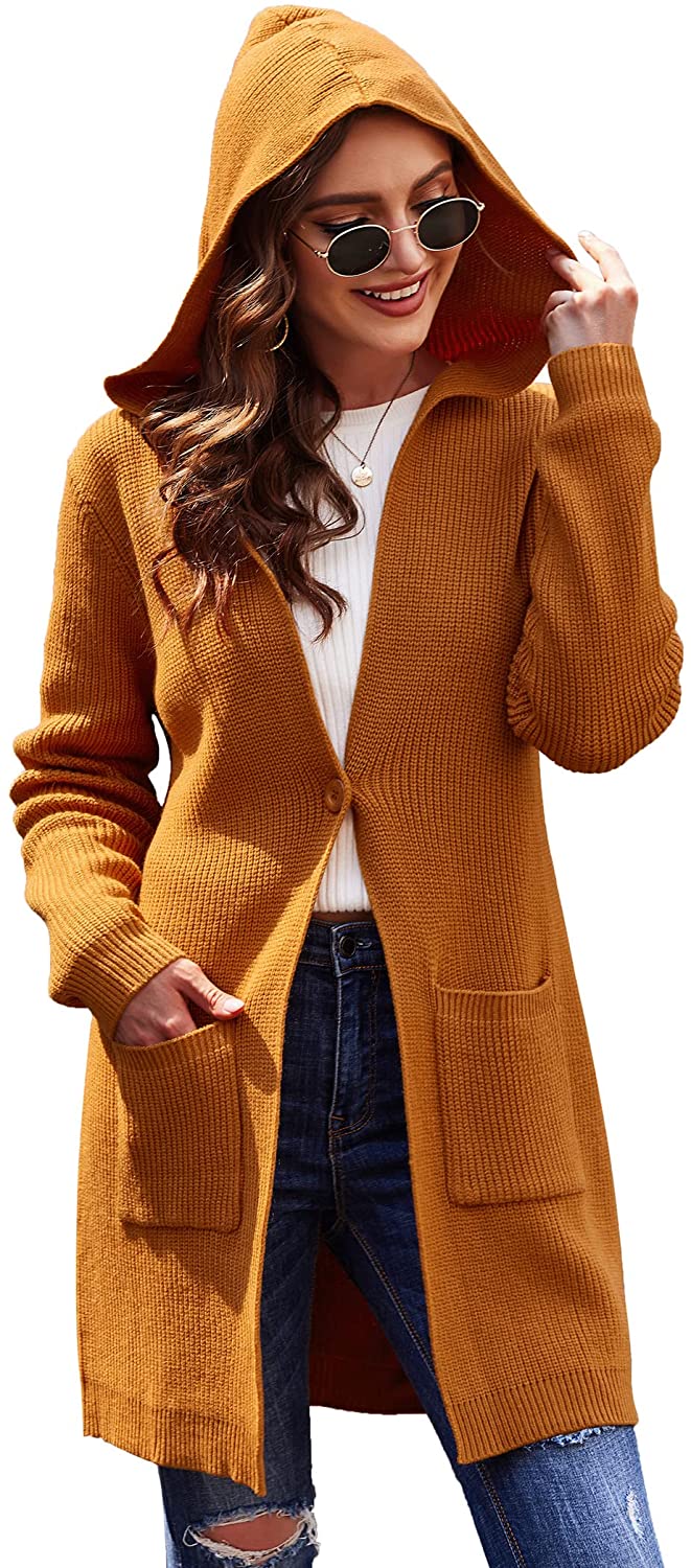 ELESOL Womens Hooded Open Front Cardigan Sweater Long Sleeve Knit Loose Casual Fall Winter Cardigan Coat Outwear with Pocket 
