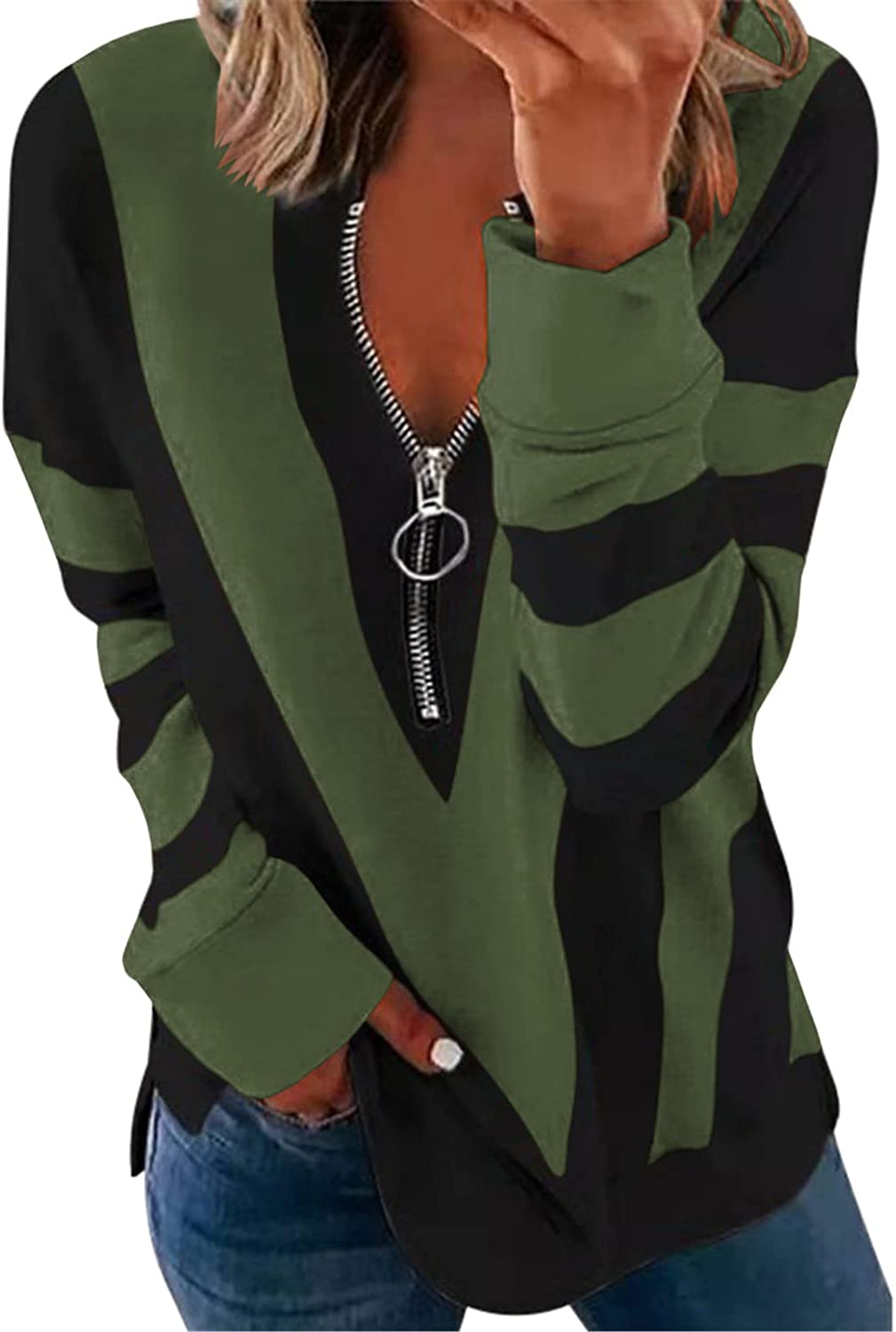 kolila Womens Long Sleeve Zip Sweatshirt Fleece Pullover Outwear Coat Loose Pullover Contrast Color-Block Pockets 