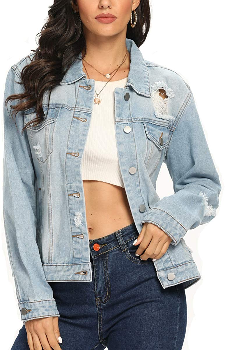 PEIQI Classic Jean Jackets for Women Basic Long Sleeve Button Downs Ripped Denim Jackets 