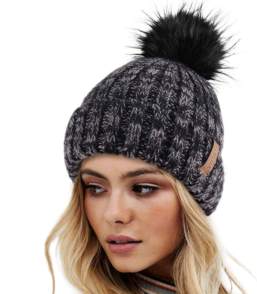 FURTALK Womens Winter Knitted Beanie Hat with Faux Fur Pom Warm Knit Skull  Cap B