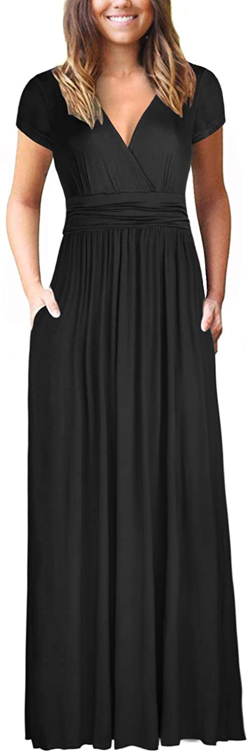 OUGES Womens Long Sleeve V-Neck Wrap Waist Maxi Dress