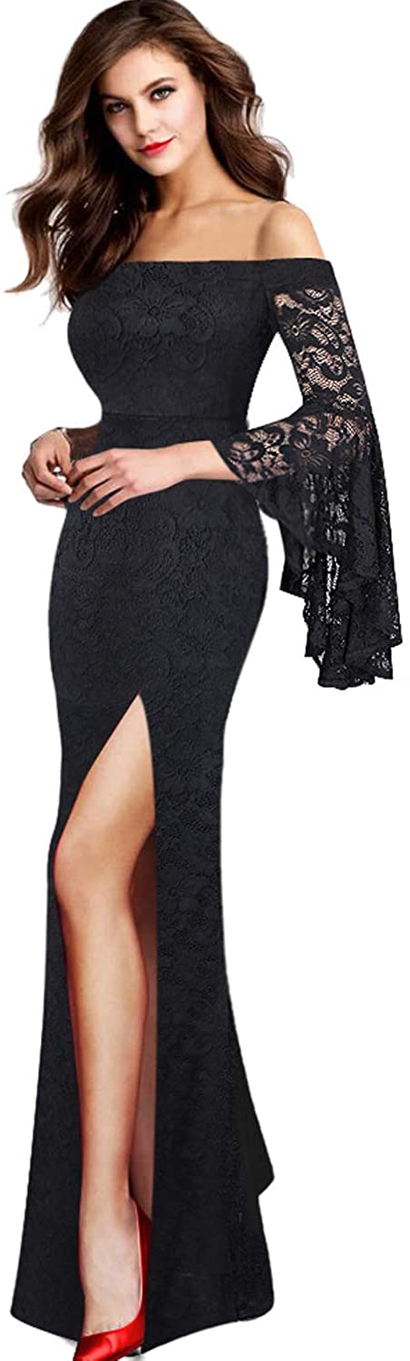 VFSHOW Womens Off Shoulder Bell Sleeve High Slit Formal Evening Party Maxi  Dress | eBay