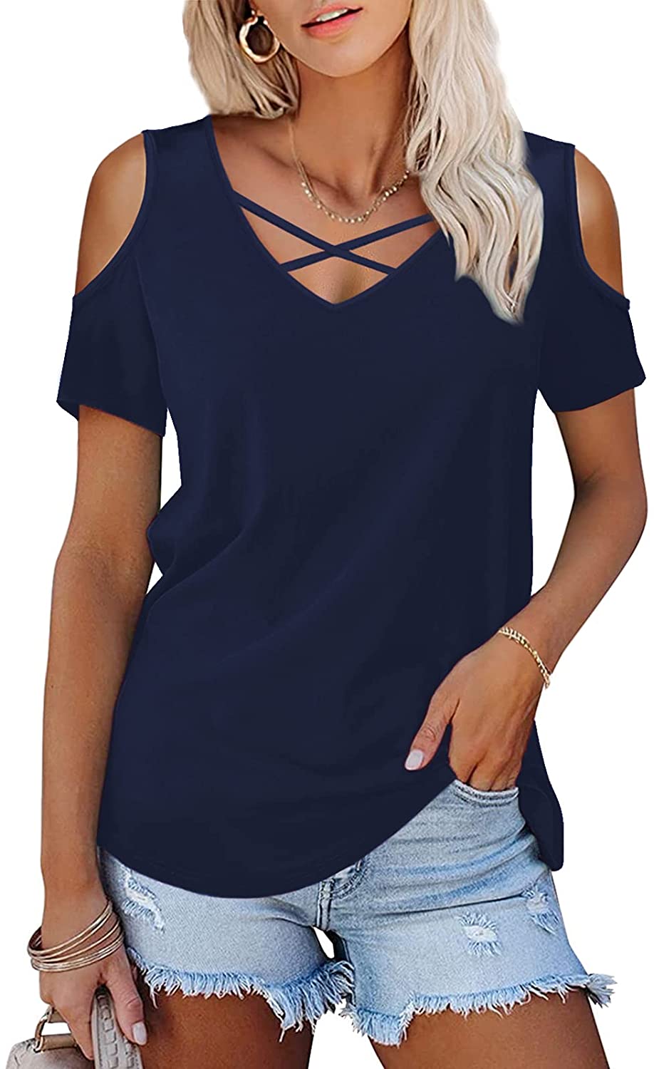 Criss cross cold sales shoulder top