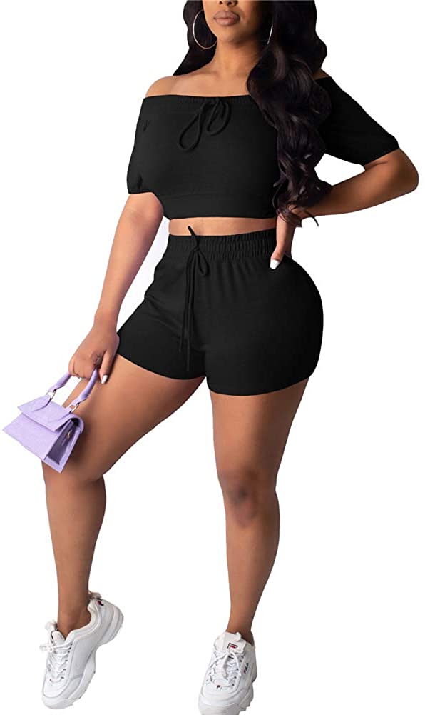 Bodycon Shorts Jumpsuit Set Acelitly Womens 2 Piece Outfits Long Sleeves Crop Top 