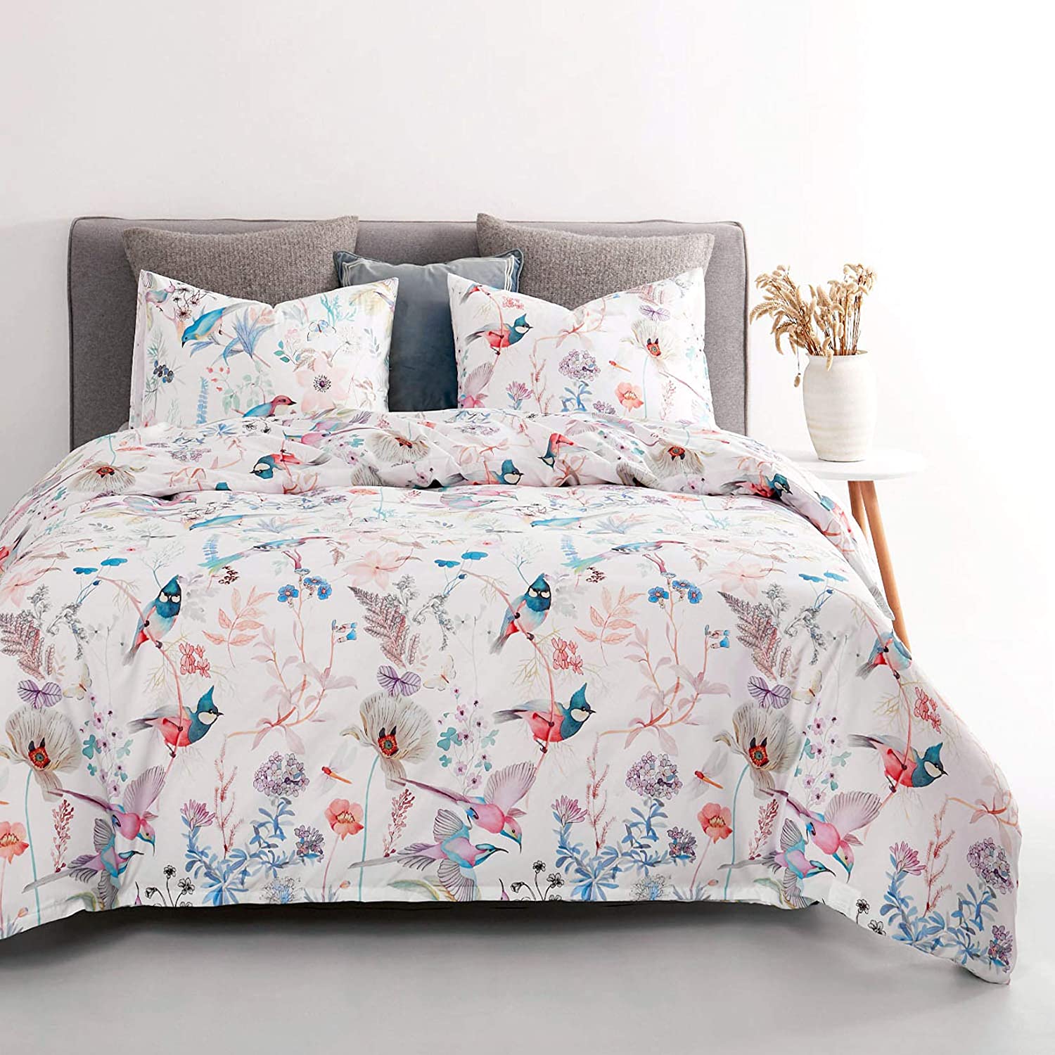 Wake In Cloud - Bird Comforter Set, Colorful Floral Flowers Leaves