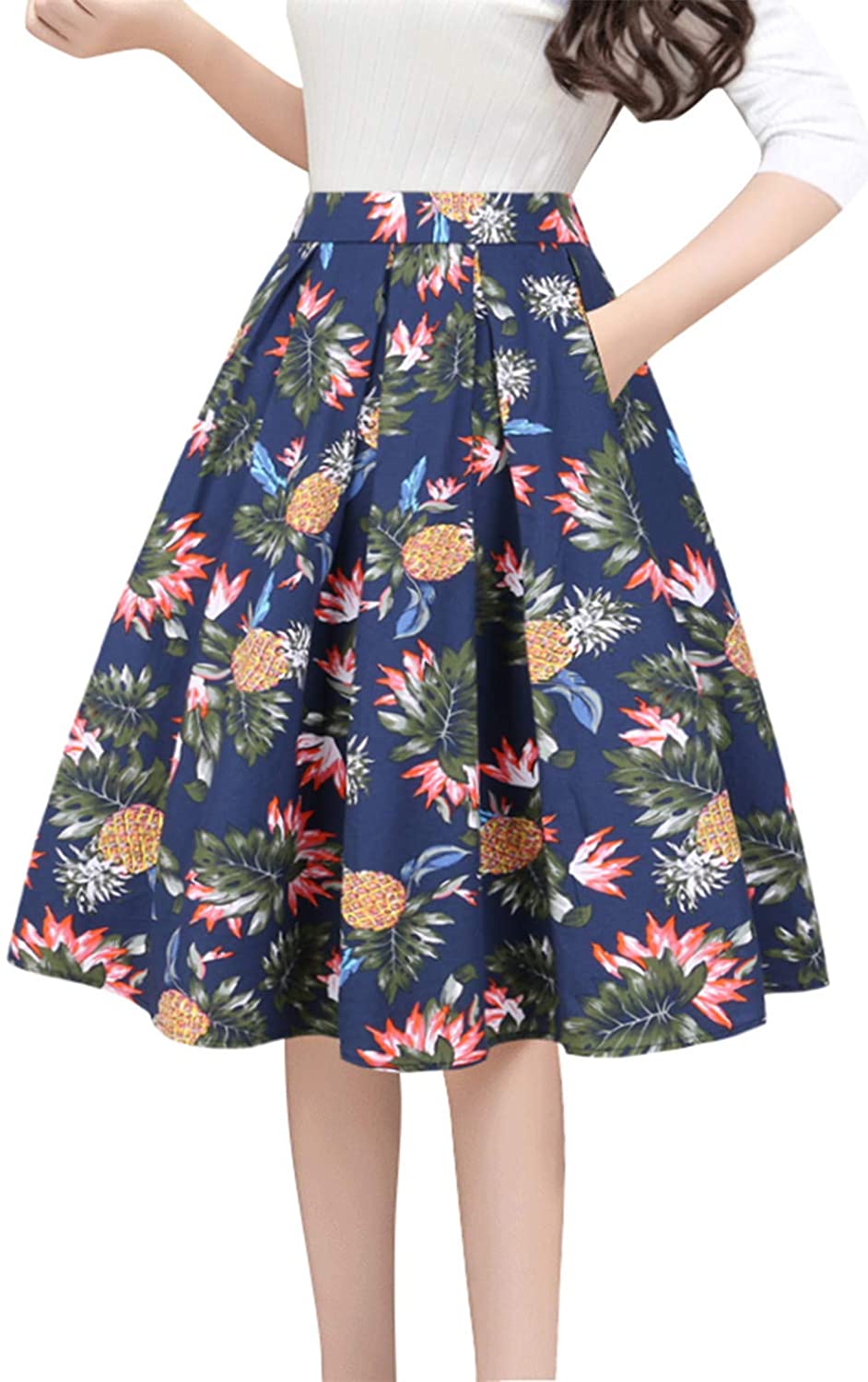 thumbnail 22  - Tandisk Women&#039;s Vintage A-line Printed Pleated Flared Midi Skirt with Pockets
