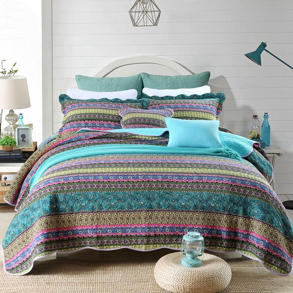 Heavy Jacquard 3 PCs Quilted Comforter Throw Set Pillowcases Bed Set Bedspread 