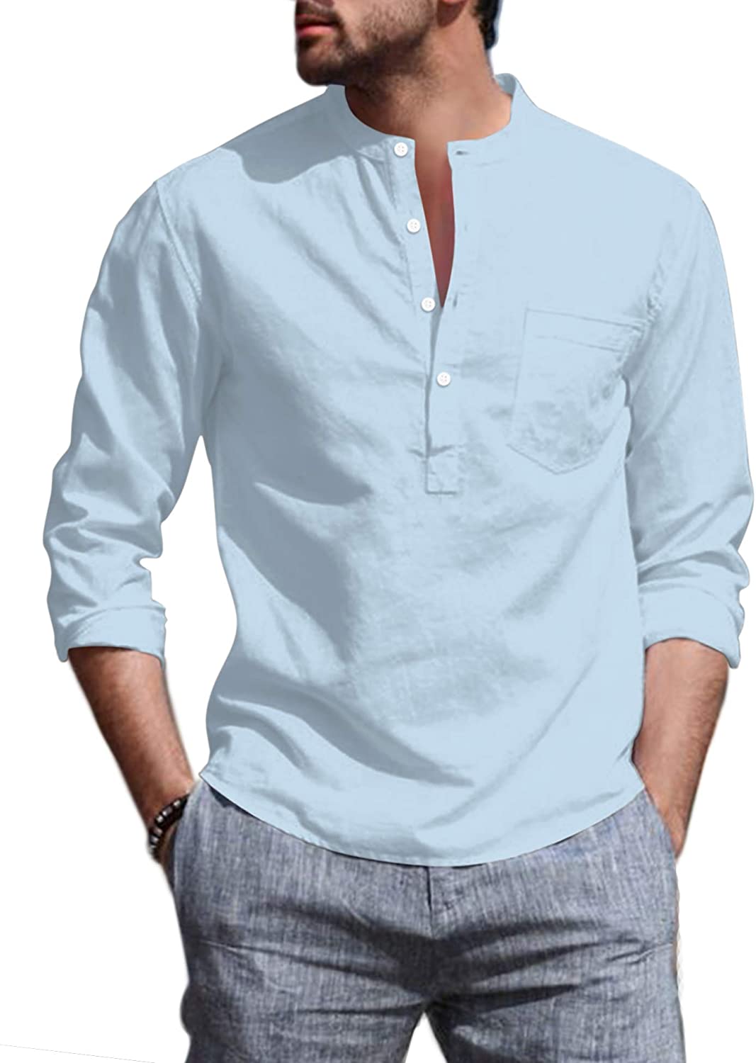COOFANDY Mens Cotton Linen Beach Shirts Long Sleeve Casual Henley Shirt ...