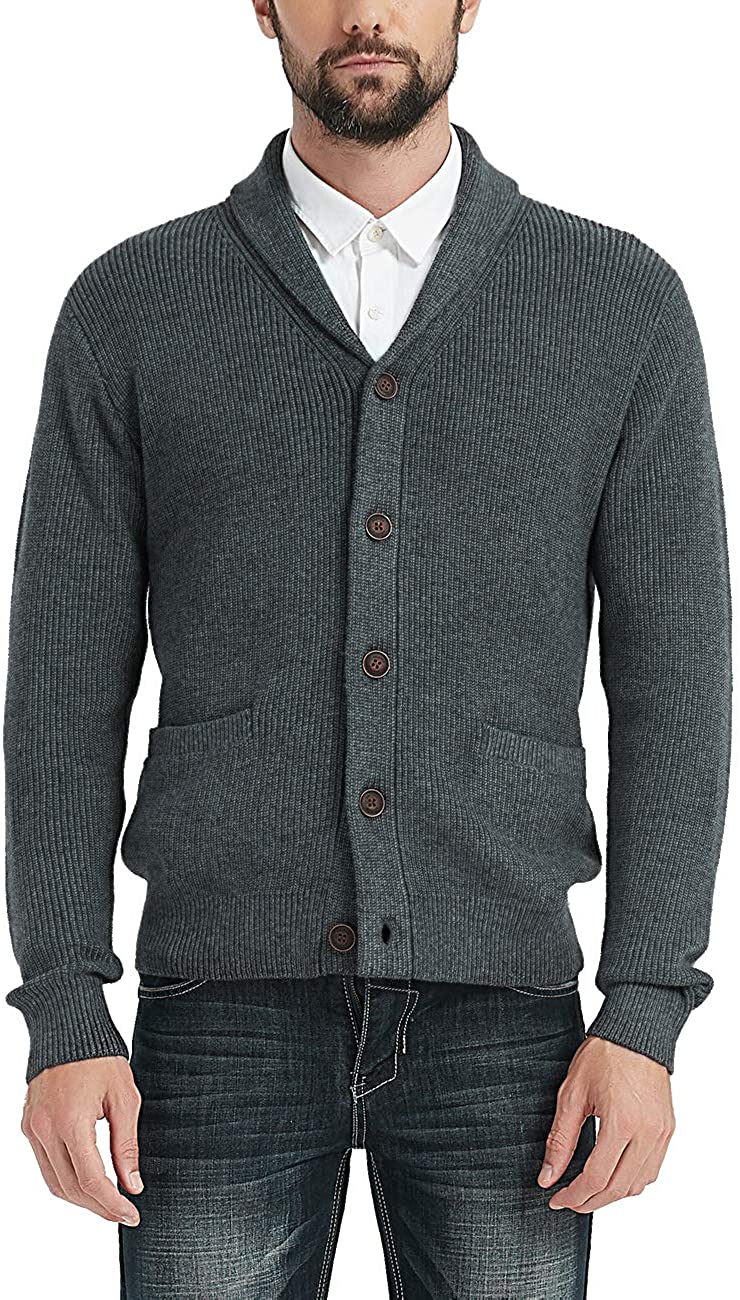 Kallspin Men's Merino Wool Blended Shawl Collar Cardigan Sweater Button Down Knitwear with Pockets 