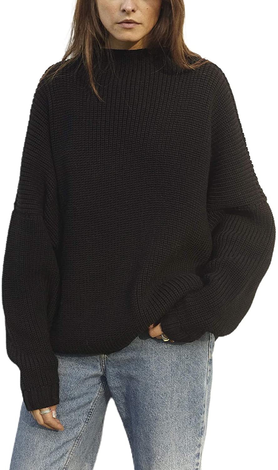  Ugerlov - Suéteres de gran tamaño para mujer, manga de  murciélago, medio cuello alto, suéter cerrado tejido grueso, Beige : Ropa,  Zapatos y Joyería