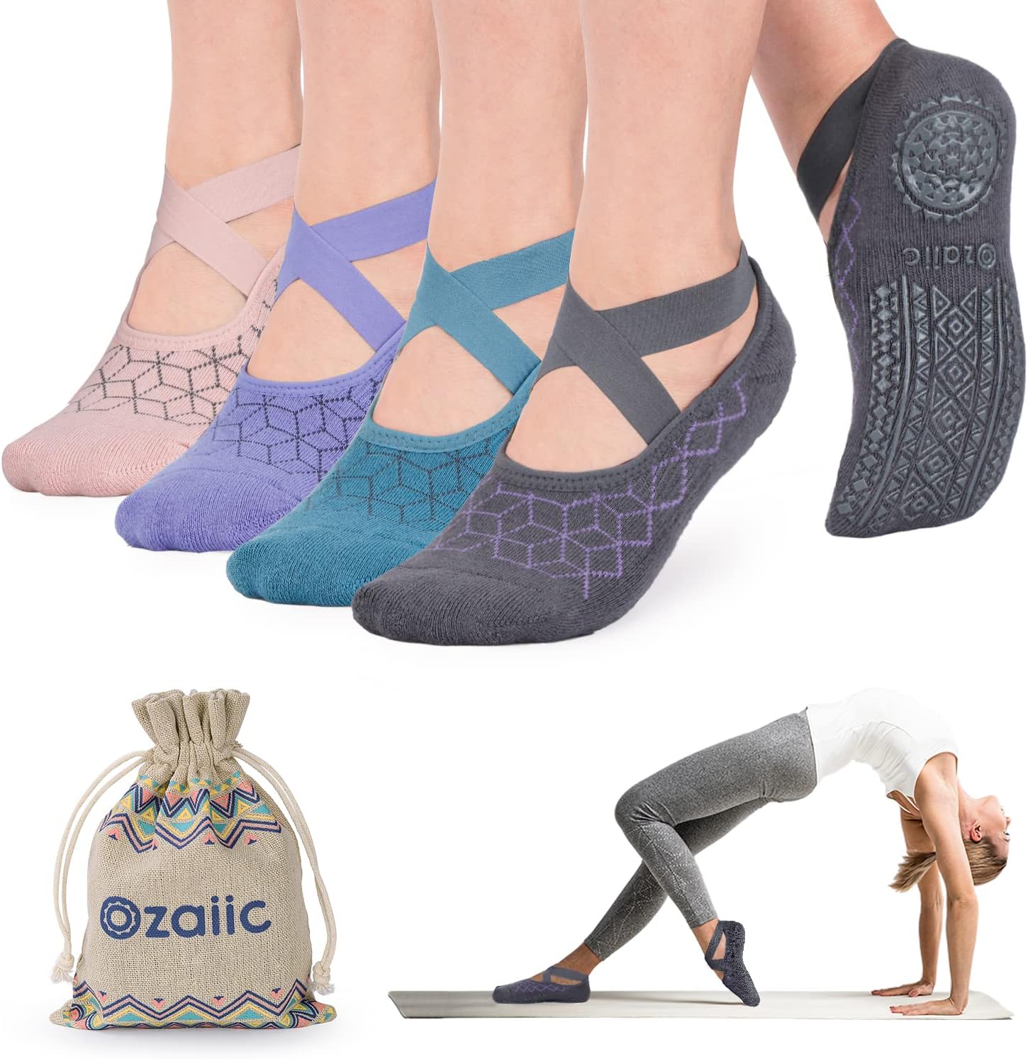 Yoga Socks for Women Non-Slip Grips & Straps, Ideal for Pilates