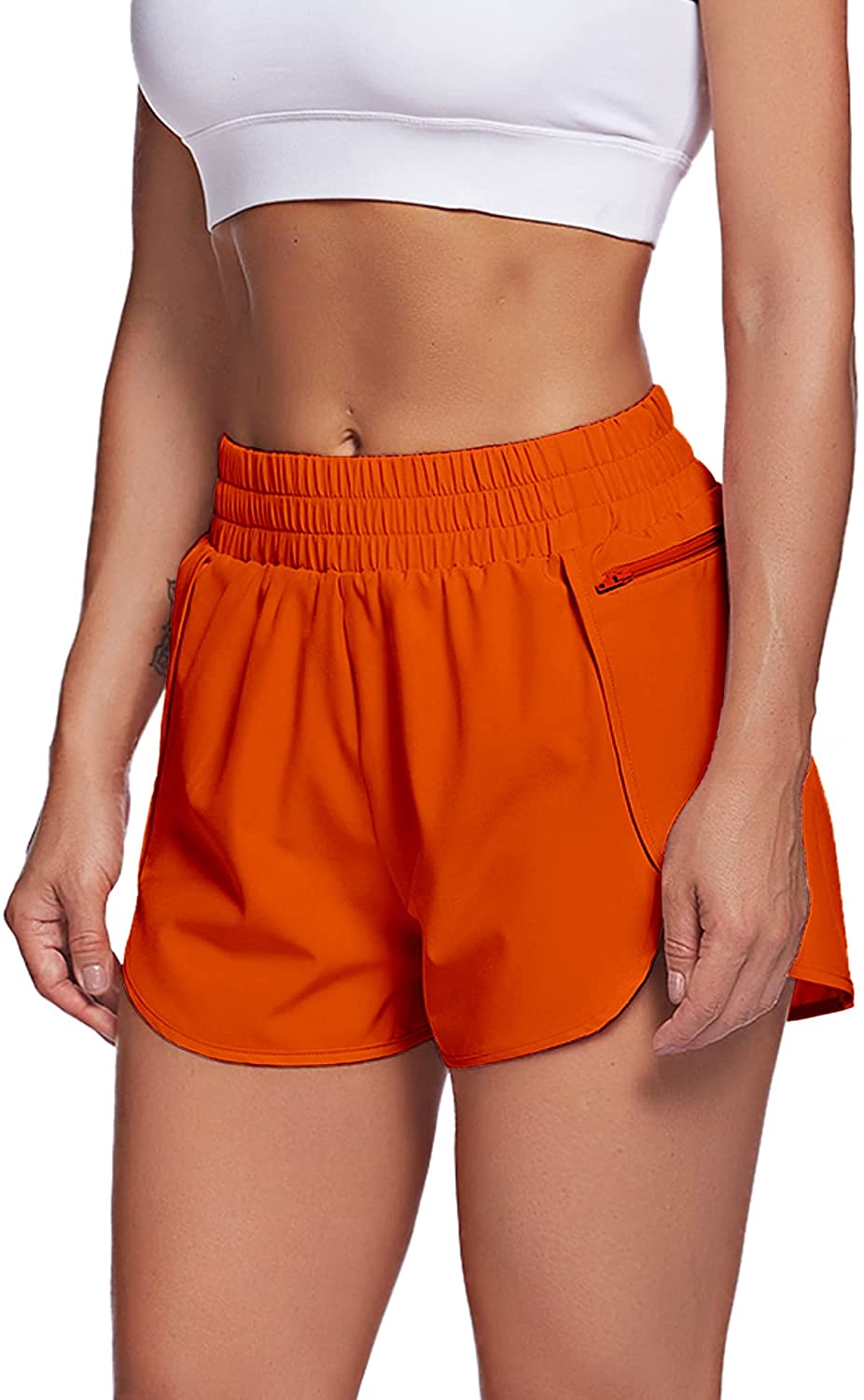 SWSMCLT Women's Elastic High Waisted Athletic Shorts Gym Workout with  Pockets Casual Lightweight Running Smocked Quick Dry Summer Beach Orange  Large