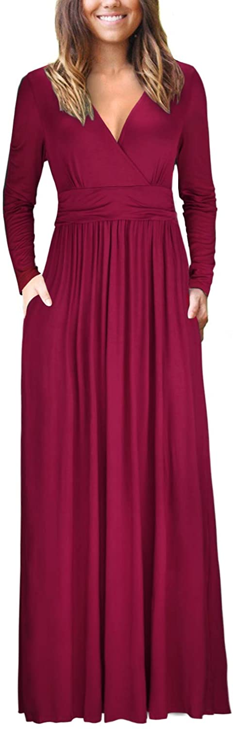 OUGES Womens Long Sleeve V-Neck Wrap Waist Maxi Dress | eBay
