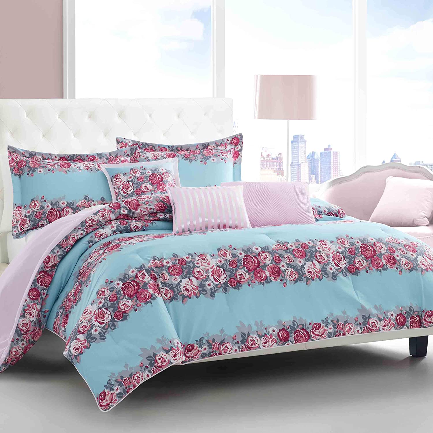 Betsey Johnson Banded Floral Comforter Set, King, Turquoise | eBay