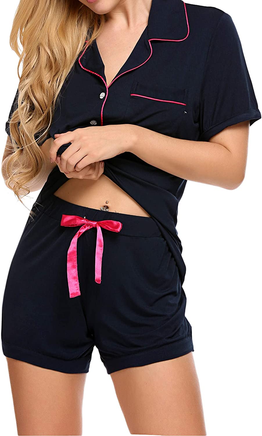 Ekouaer Pajamas Set Short Sleeve Sleepwear Womens Button