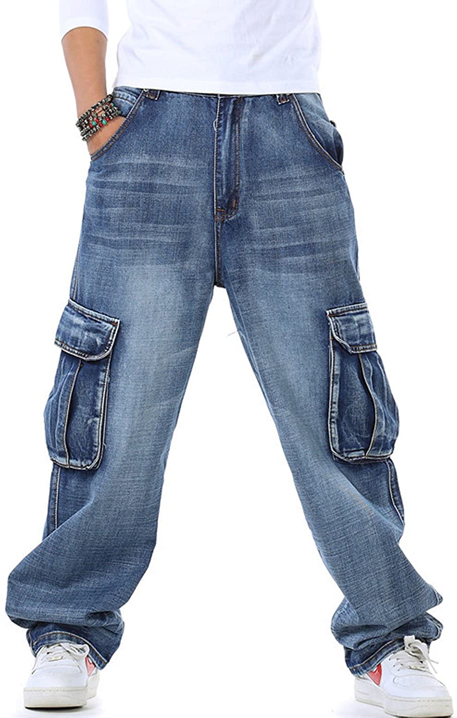 Yeokou Men's Casual Loose Hip Hop Denim Barrel Pants Jeans with Cargo ...