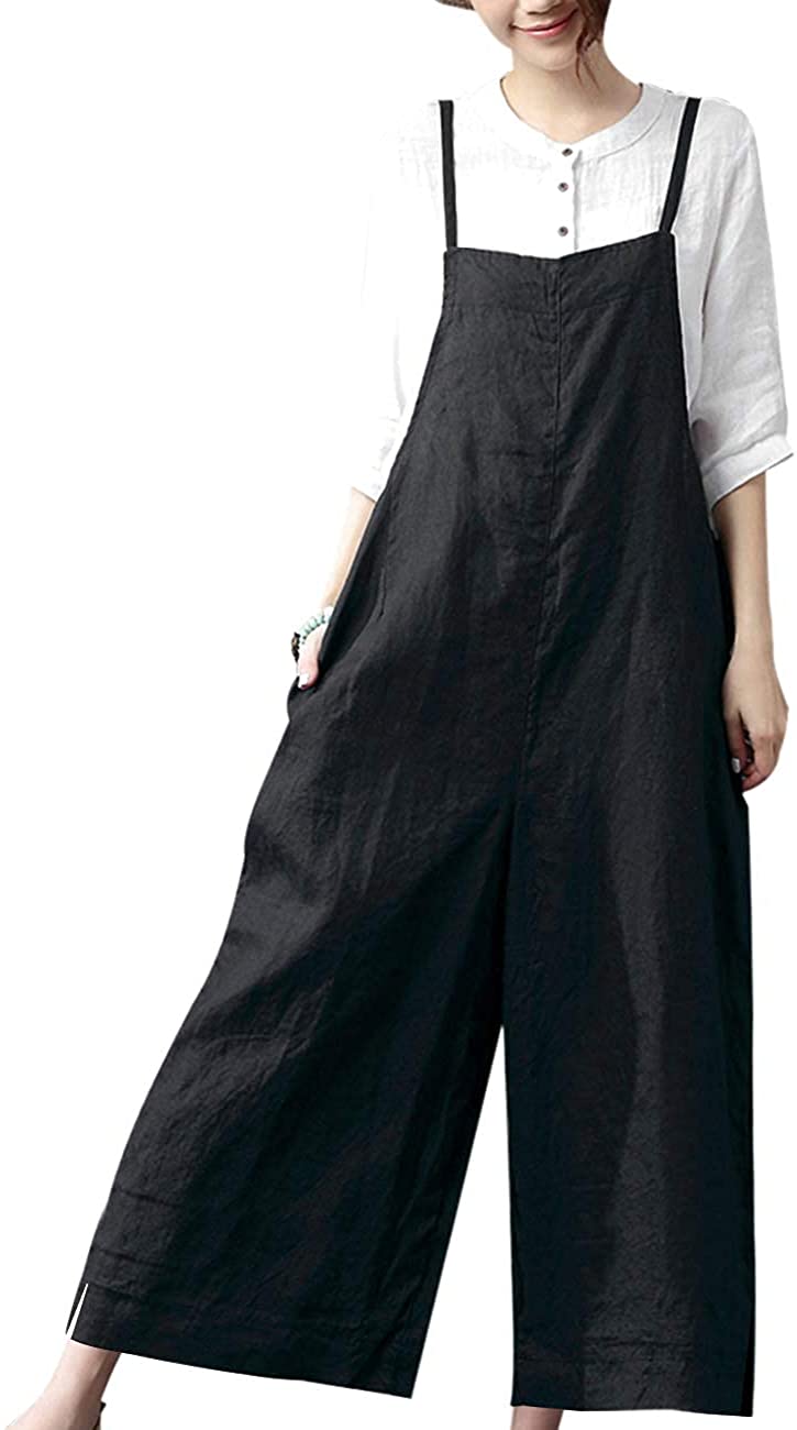  YESNO Women Casual Loose Long Bib Pants Wide Leg