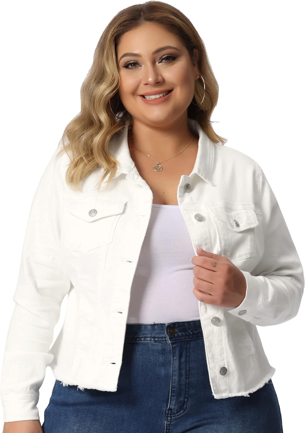 Agnes Orinda Women's Plus Size Classic Washed Front Frayed Denim Jacket :  : Clothing, Shoes & Accessories