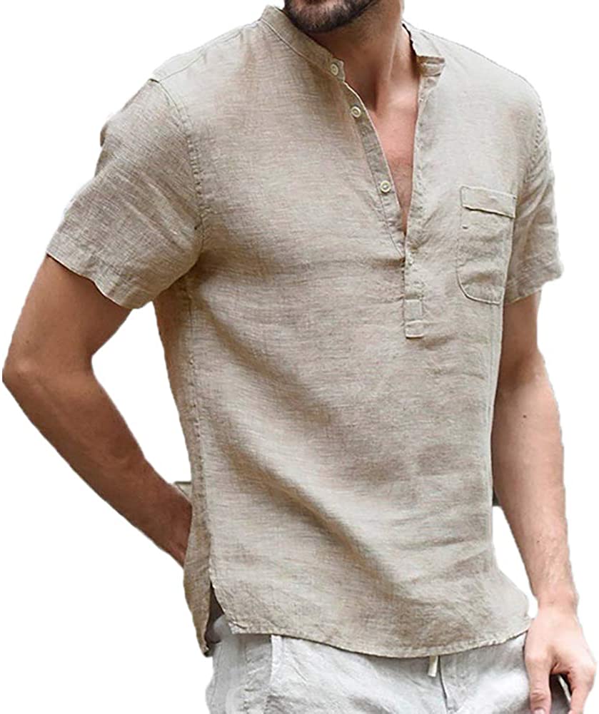 JINIDU Men's Linen Henley Shirts Long Sleeve Cotton Casual Beach Hippie T Shirt 