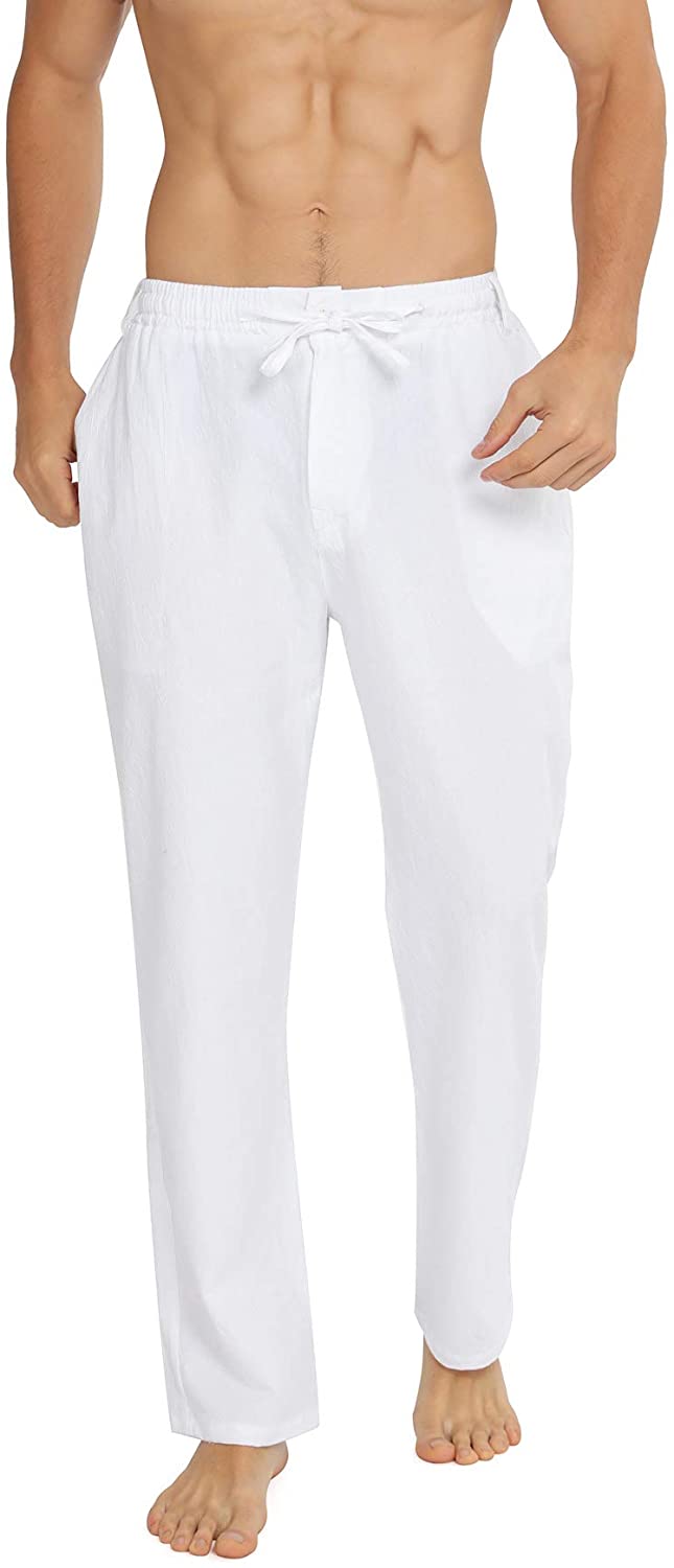 WULFUL Men's Drawstring Casual Beach Trousers Lightweight Linen Summer ...