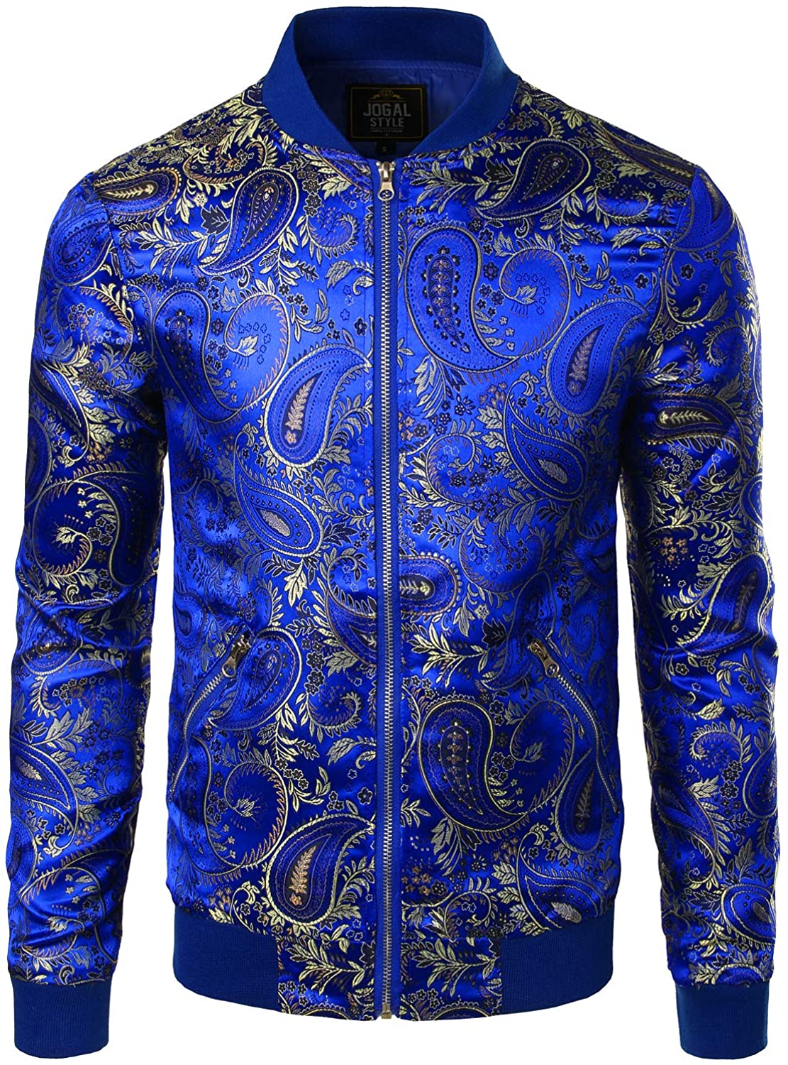 JOGAL Mens Luxury Paisley Embroidered Satin Bomber Jacket Coat