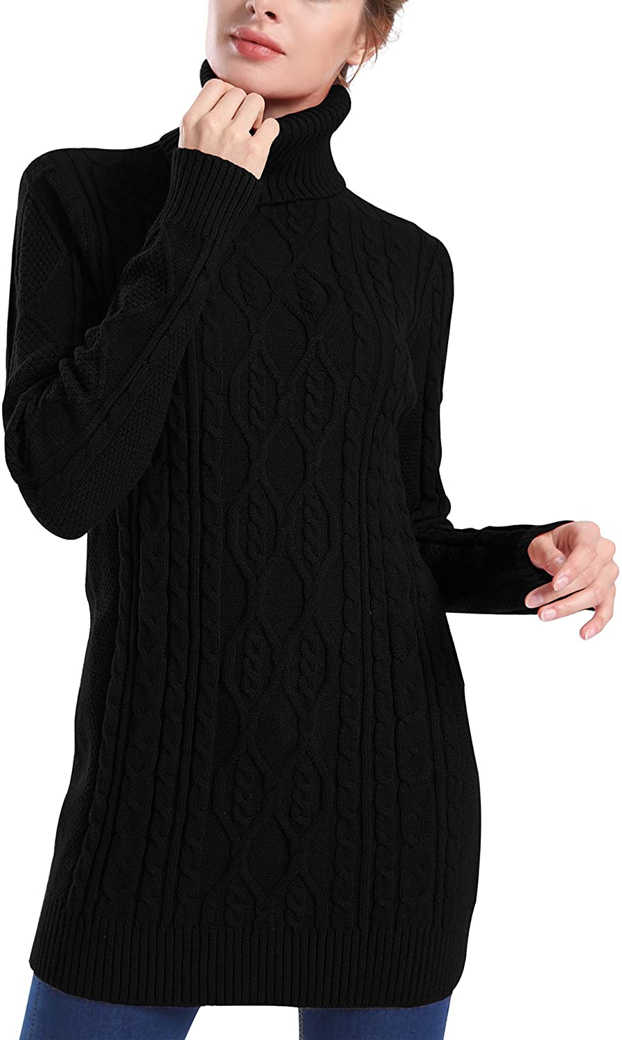 PrettyGuide Women's Long Sweater Turtleneck Cable Knit Tunic Sweater Tops