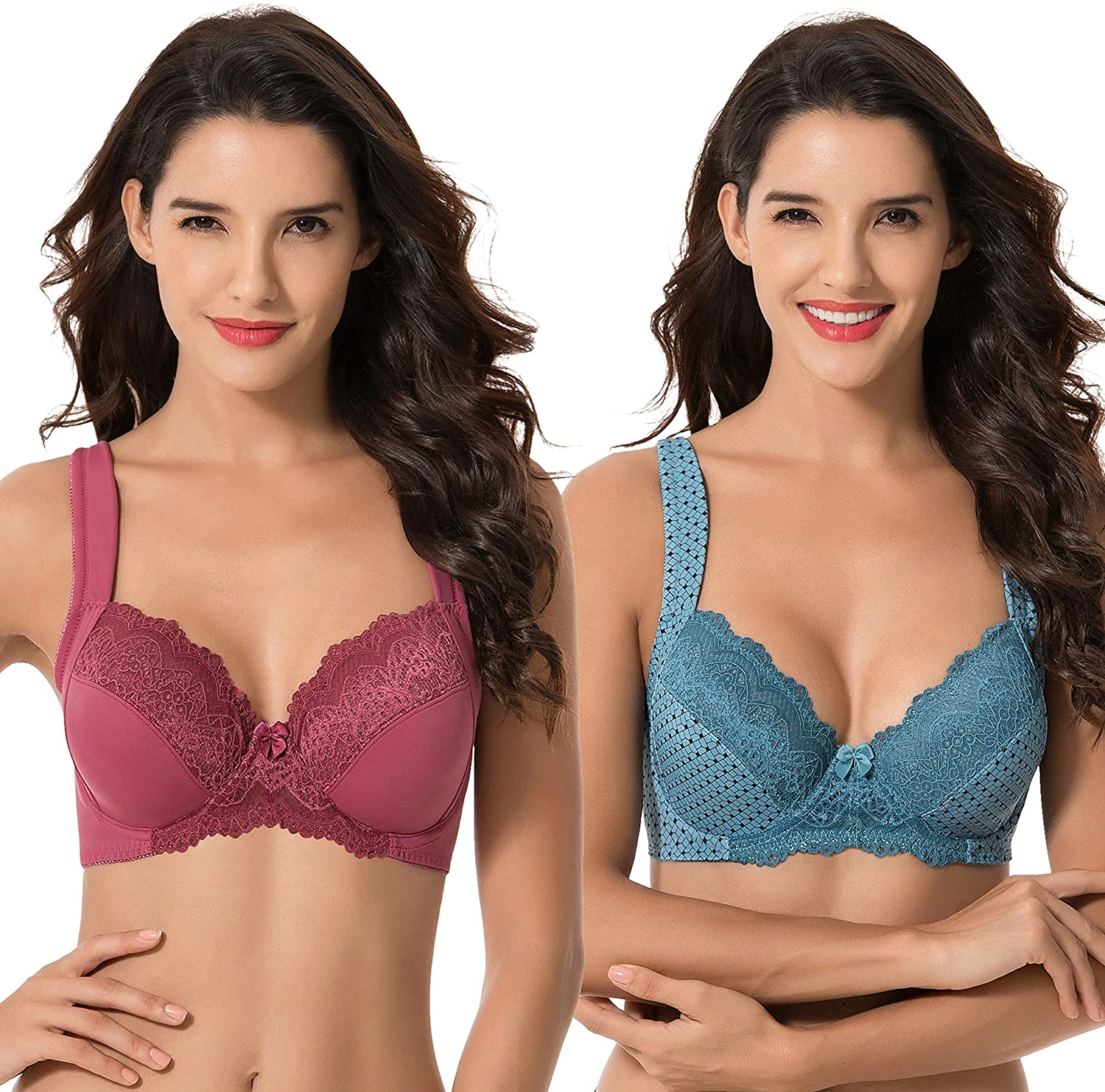 Curve Muse Women's Plus Size Underwire Add 1+ Cup Push Up Mesh Lace Bra-2PK-Teal,Mimosa-42DD  