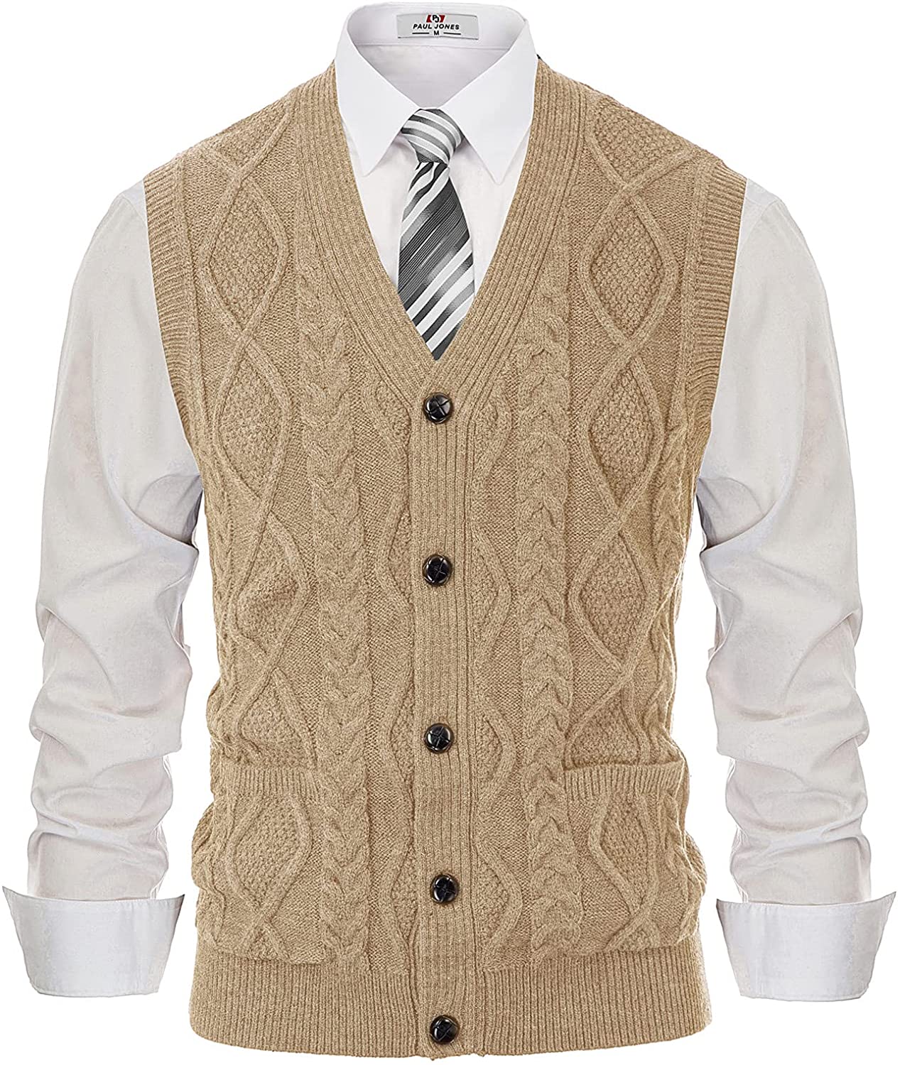 PJ PAUL JONES Mens Cardigan Sweater Vest Cable Knitwear V-Neck Waistcoat 