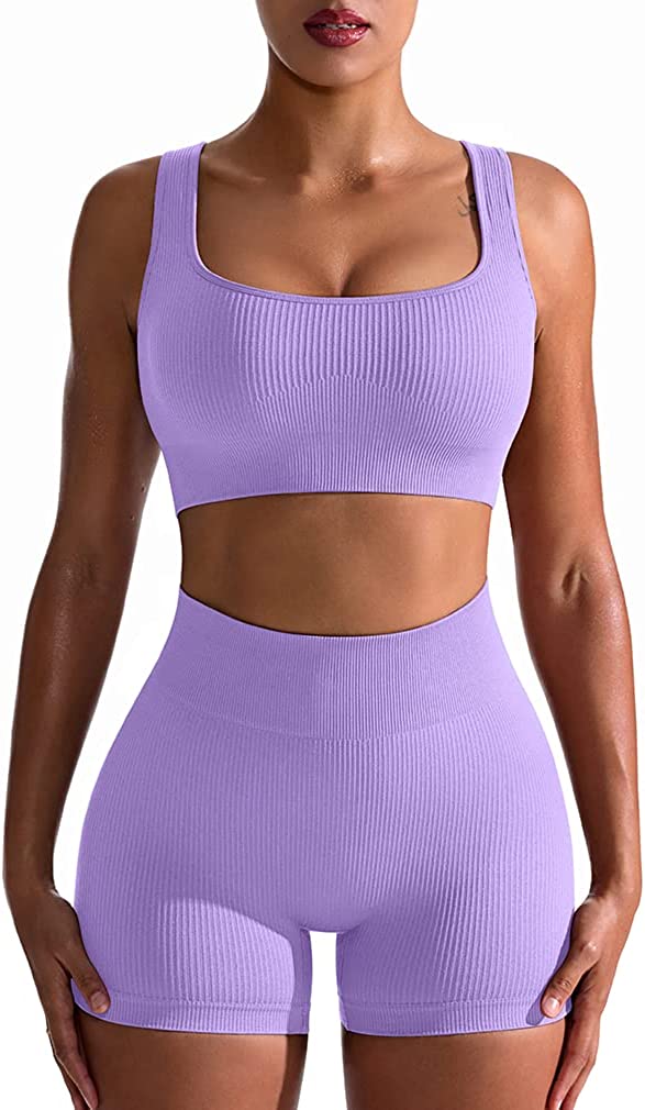 OQQ Workout Outfits for Women 2 Piece Seamless Ribbed High Waist Leggings  with S