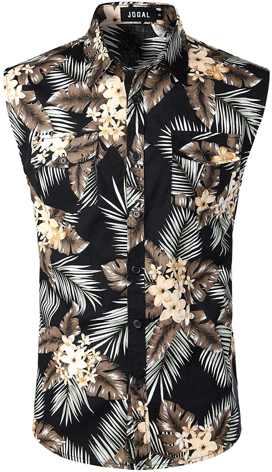 JOGAL Mens Sleeveless Flower Casual Button Down Hawaiian Shirt